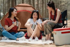 Group of young Asian friends camping or picnic together in fores